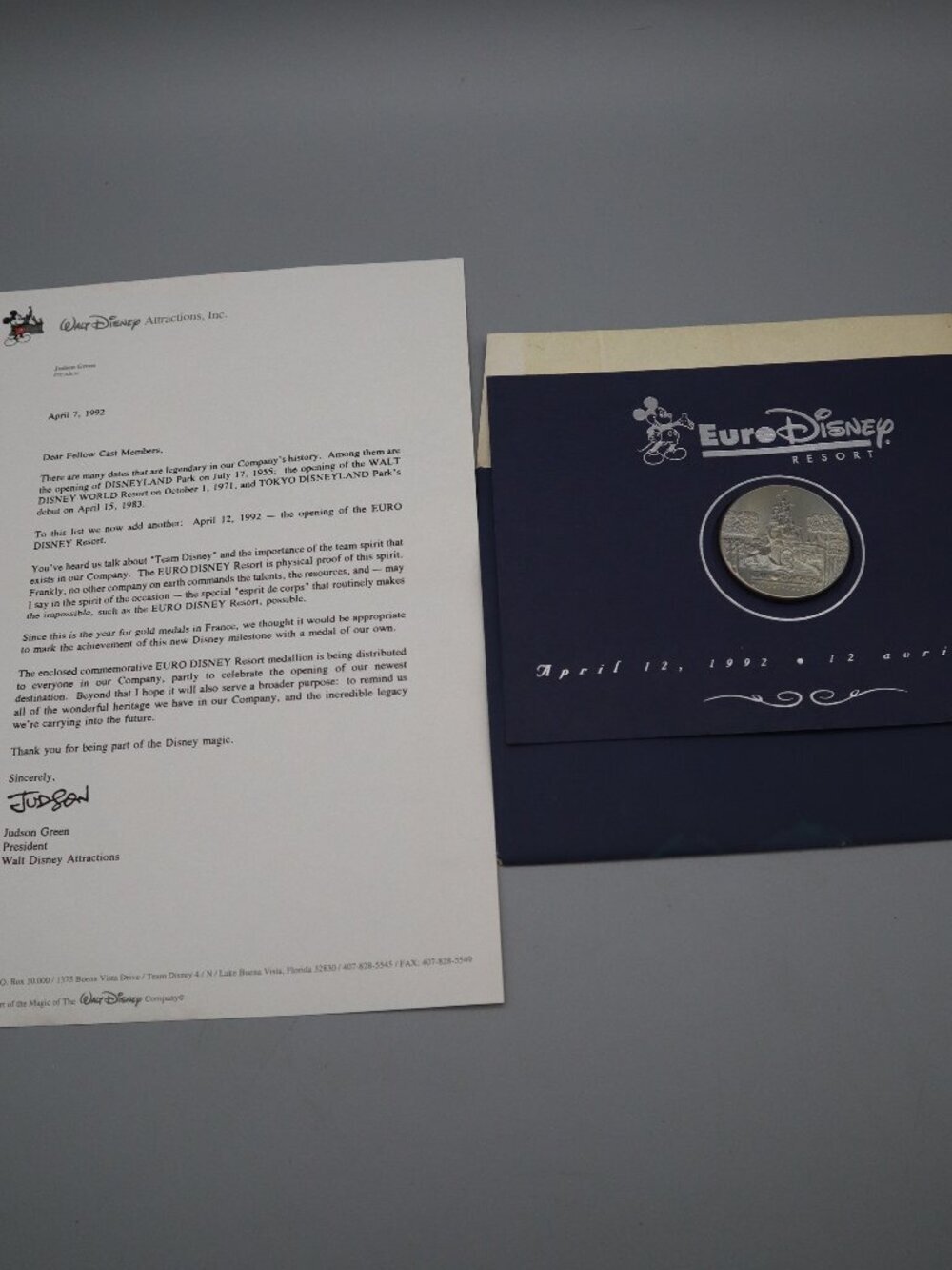 Vintage 1992 Euro Disney Cast Member Commemorative Coin & Letter